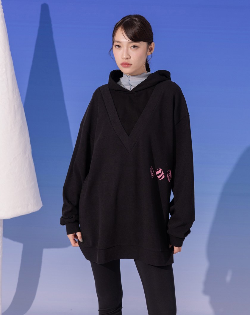 異材質假兩件V領長版連帽上衣(兩色)