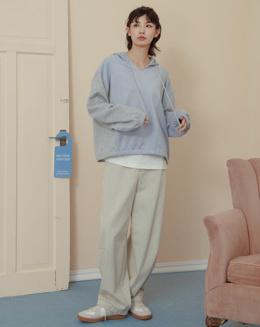 異材質配色拼接V領帽T(兩色)