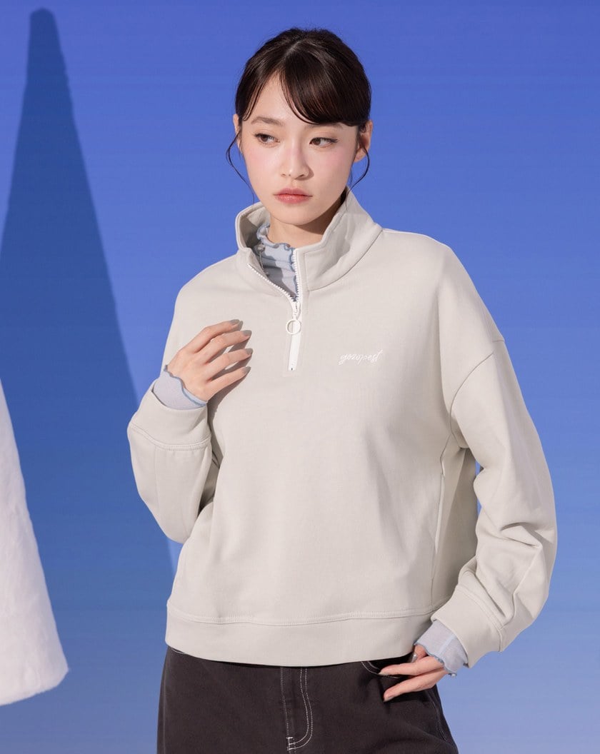 造型半開襟拉鍊側口袋短版上衣(兩色)