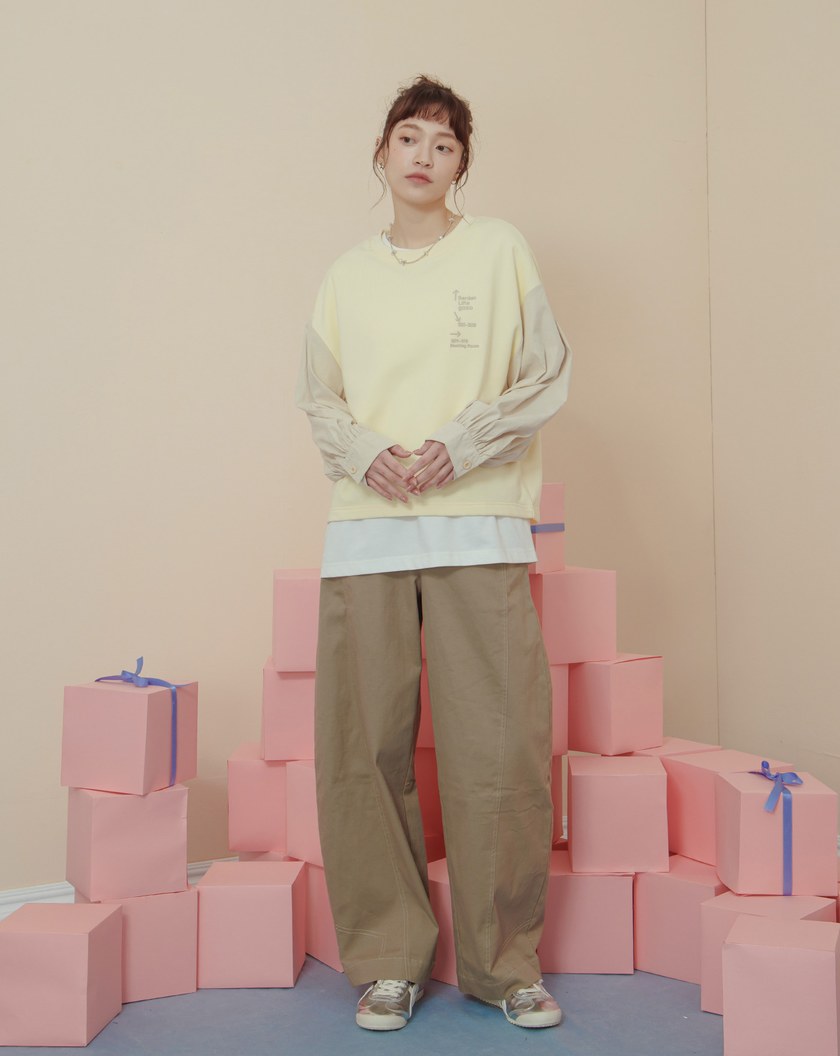 異材質拼接襯衫袖造型落肩上衣(兩色)