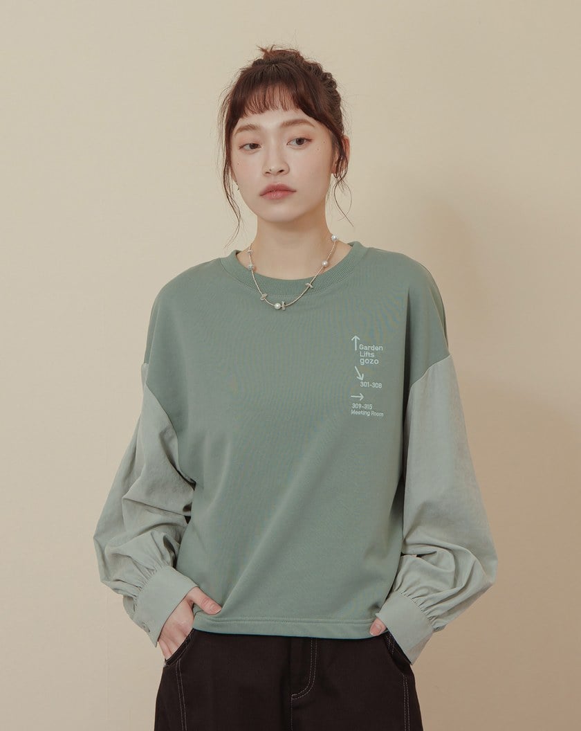 異材質拼接襯衫袖造型落肩上衣(兩色)