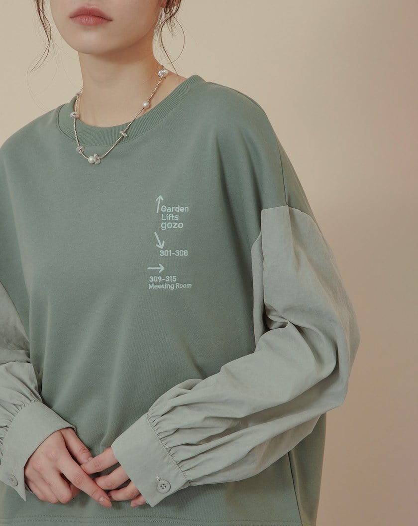 異材質拼接襯衫袖造型落肩上衣(兩色)