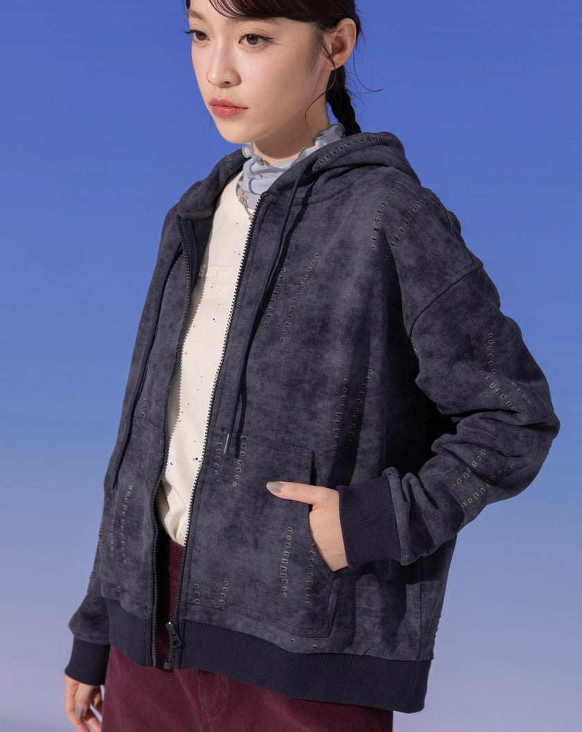 A|水洗仿舊剪破純棉打褶連帽外套(兩色)