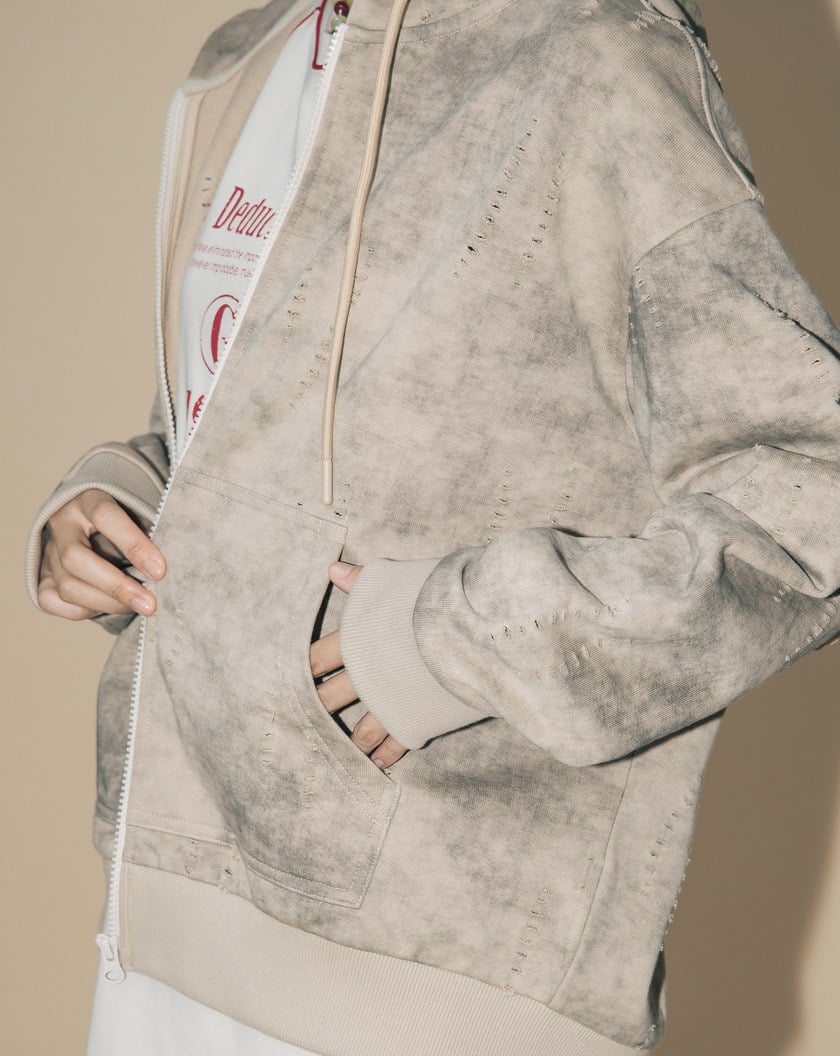 A|水洗仿舊剪破純棉打褶連帽外套(兩色)