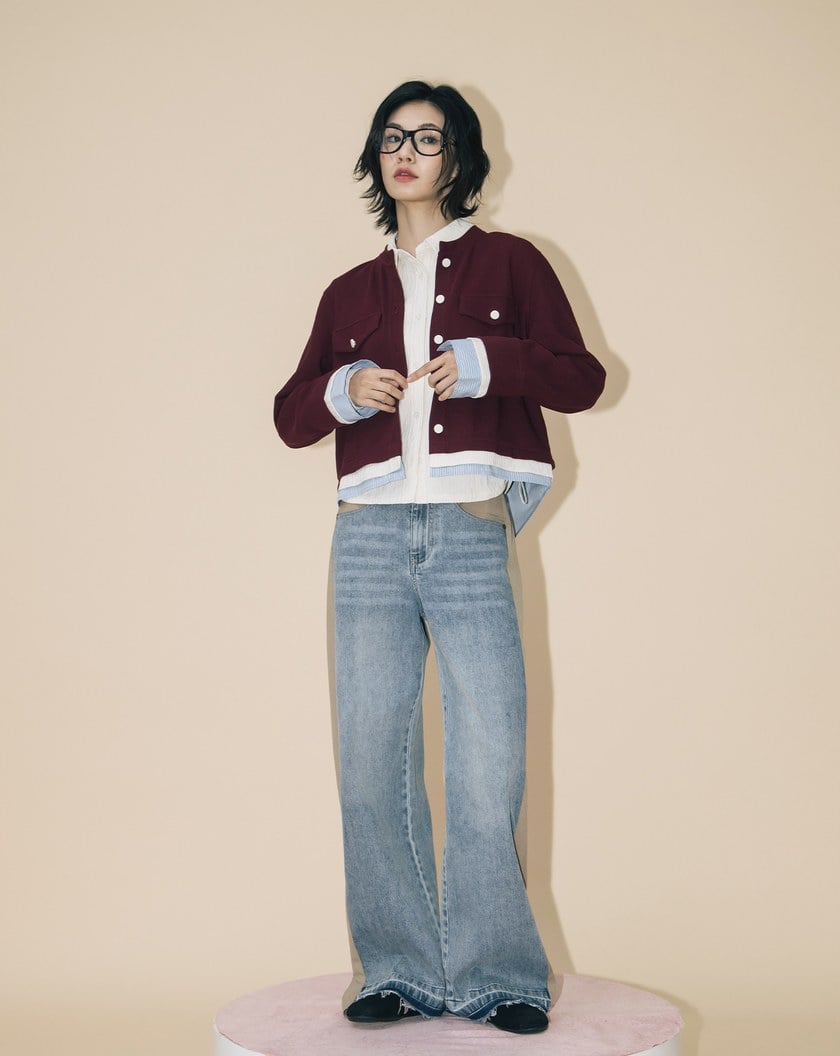 A｜異材質拼接圓領開襟外套(兩色)