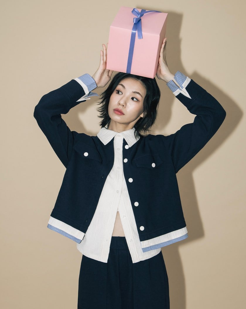 A｜異材質拼接圓領開襟外套(兩色)