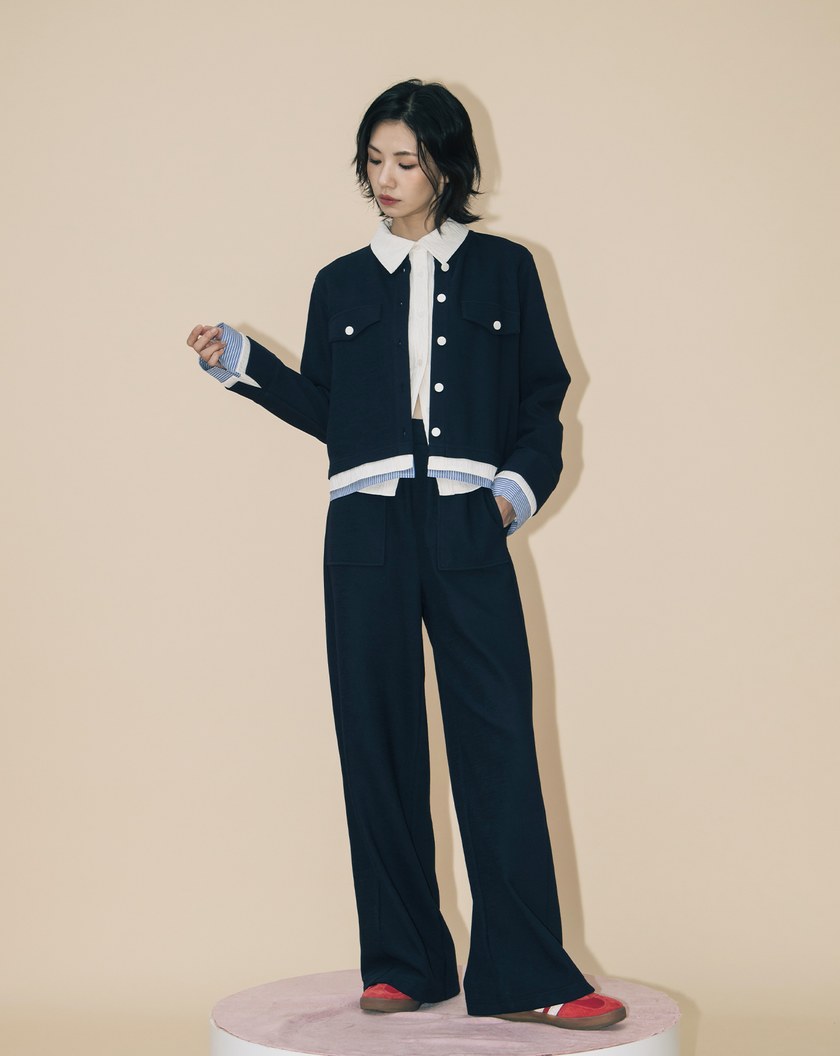 A|異材質拼接圓領開襟外套(兩色)