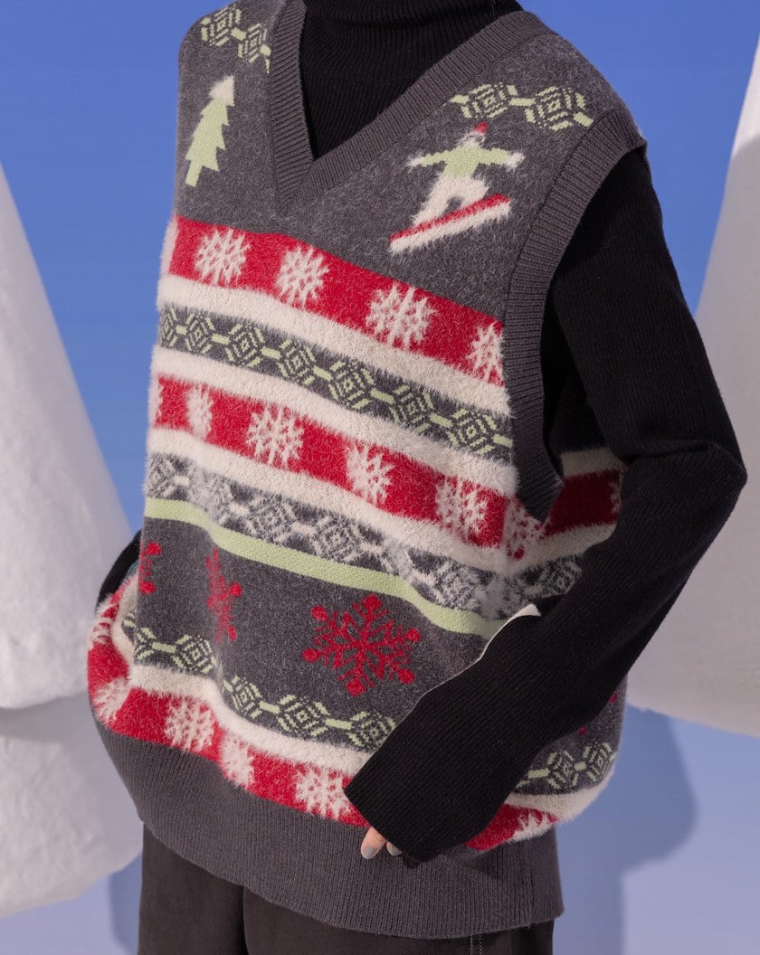 雪花圖騰毛絨V領毛衣背心(兩色)