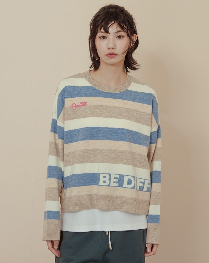 抗起球羊毛絨配色寬條紋針織毛衣(兩色)