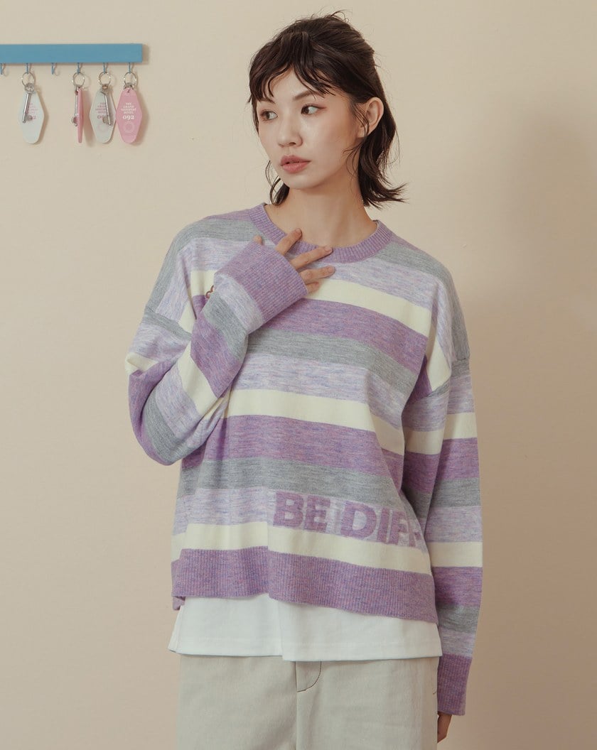 抗起球羊毛絨配色寬條紋針織毛衣(兩色)