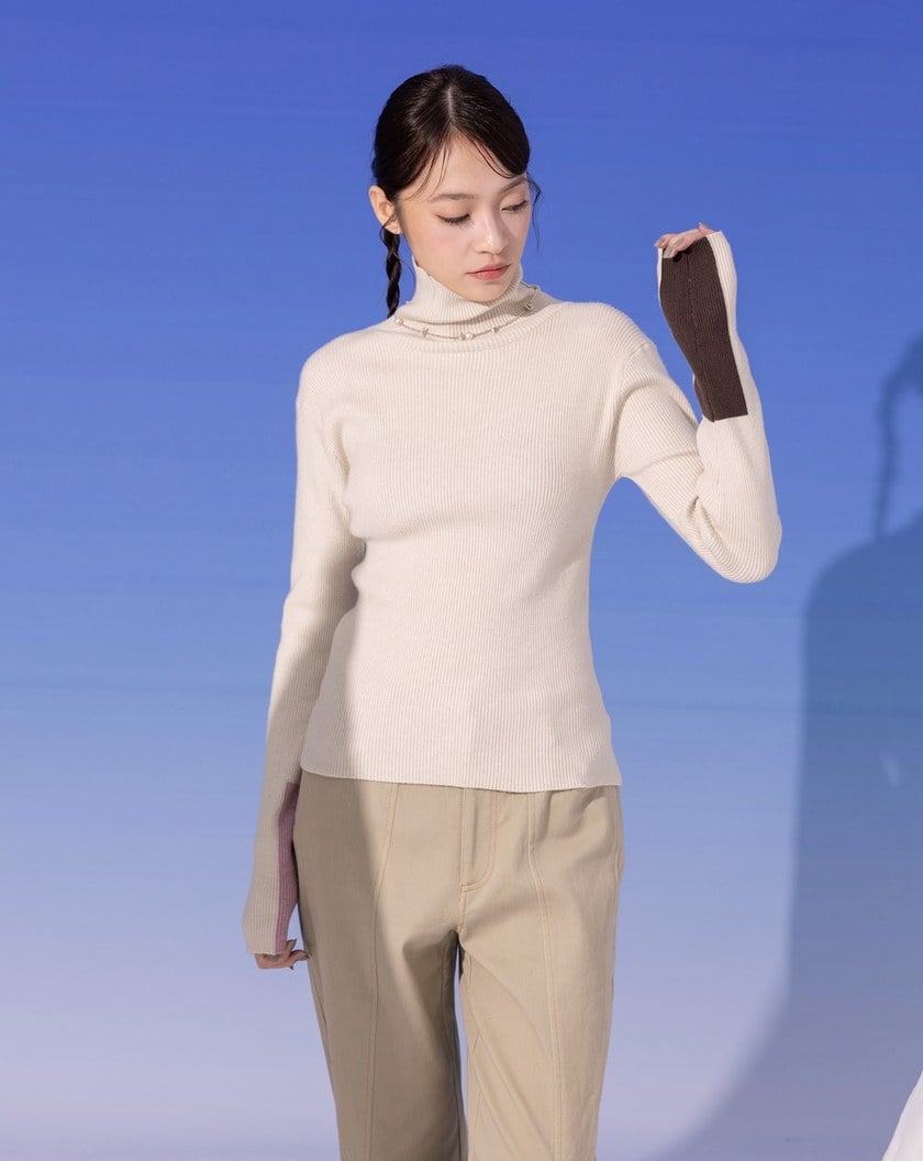 袖口撞色高領針織上衣(三色)