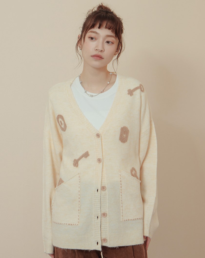 抗起球撞色繡花長版開襟毛衣外套(兩色)