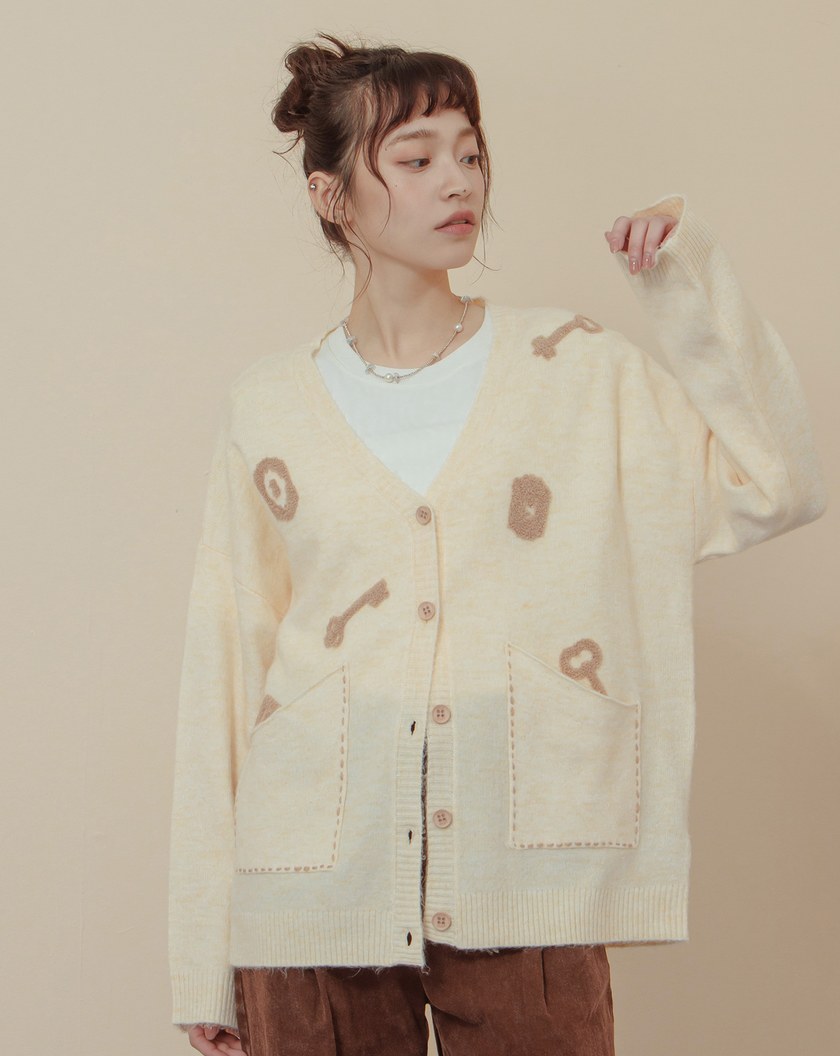 抗起球撞色繡花長版開襟毛衣外套(兩色)