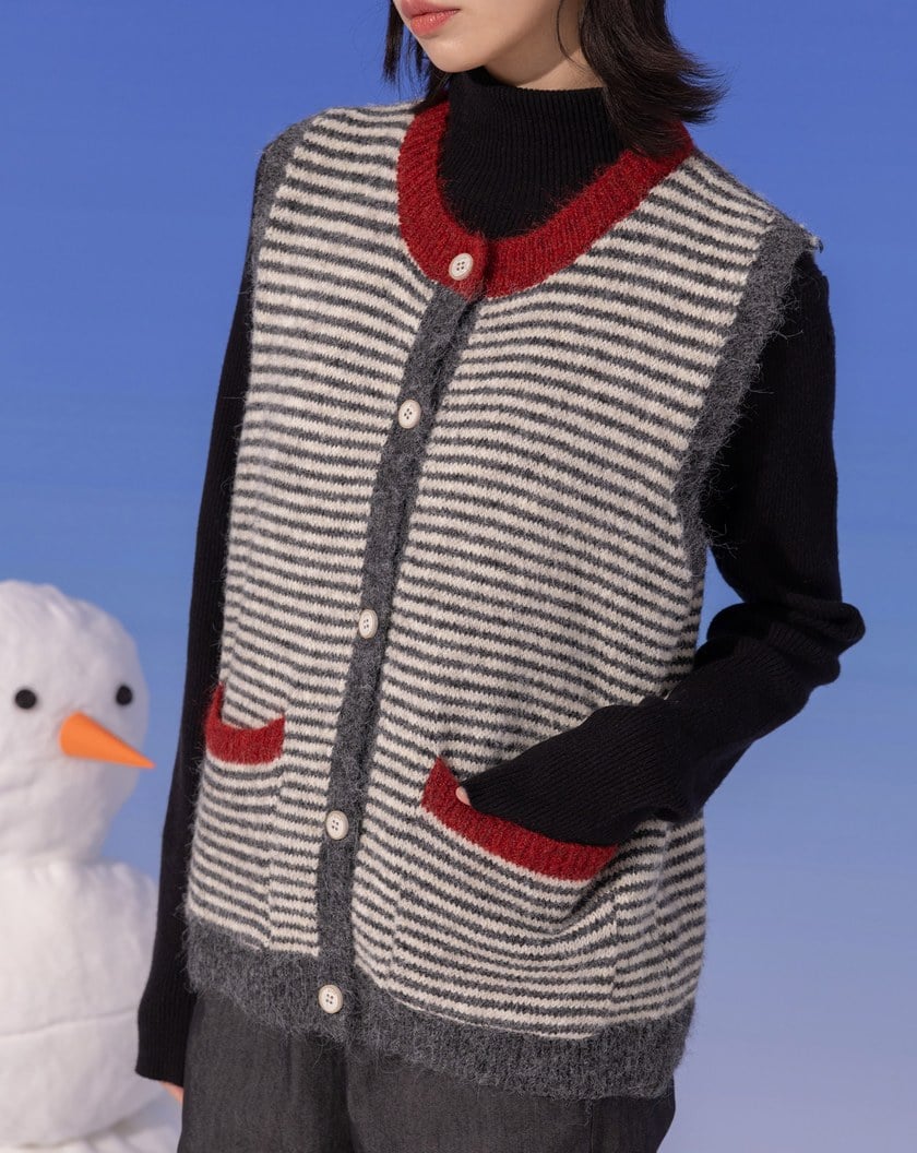 ➤撞色條紋寬袖口毛衣背心(兩色)