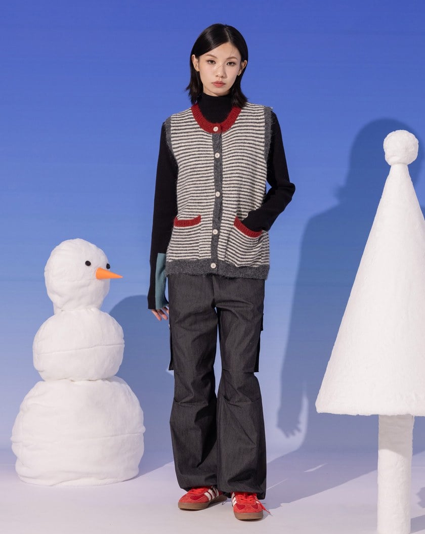 ➤撞色條紋寬袖口毛衣背心(兩色)