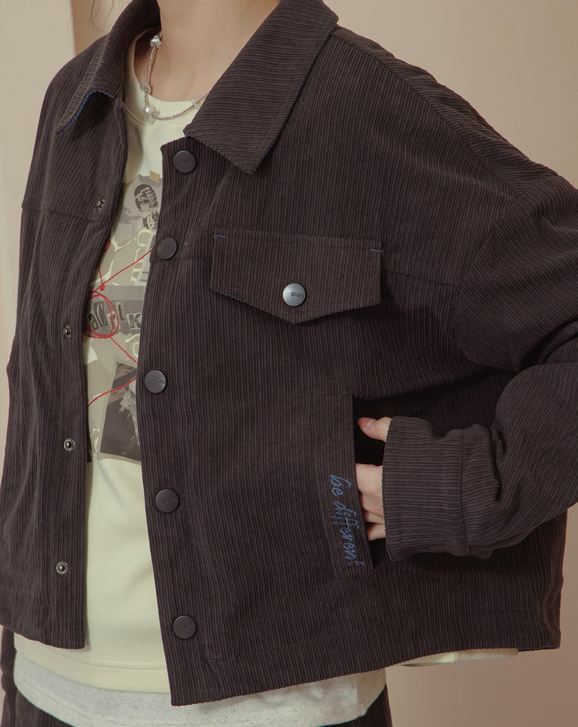 燈芯絨口袋配色刺繡襯衫領外套(兩色)