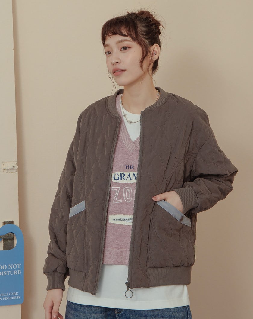 口袋配色菱格壓紋鋪棉外套(三色)