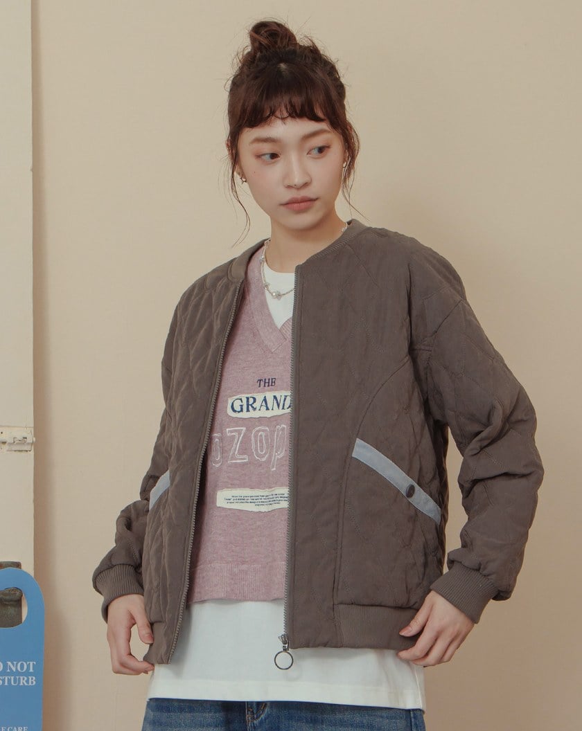 口袋配色菱格壓紋鋪棉外套(三色)