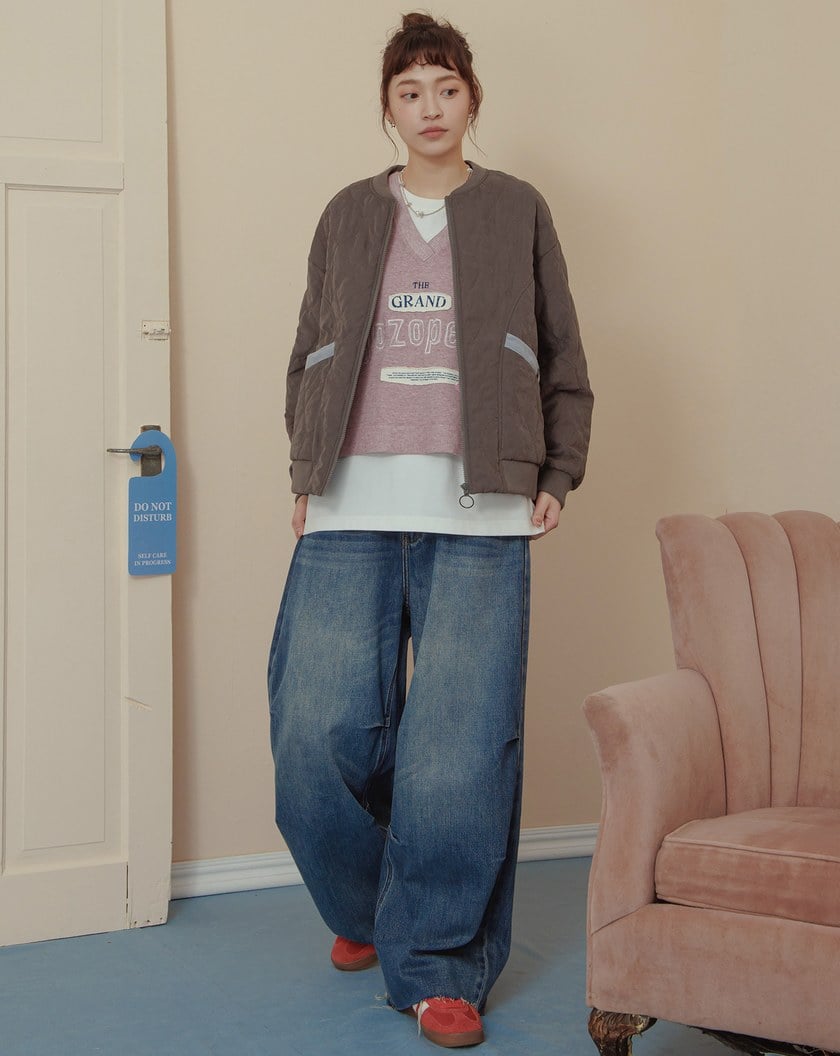 口袋配色菱格壓紋鋪棉外套(三色)