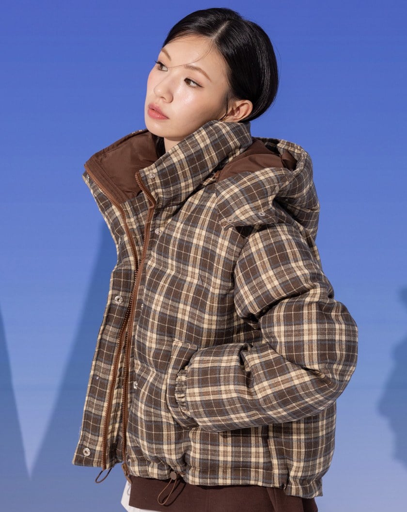 復古格紋可拆式連帽鋪棉外套