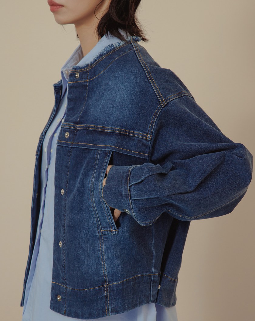 可調節造型刷色圓領牛仔外套(兩色)