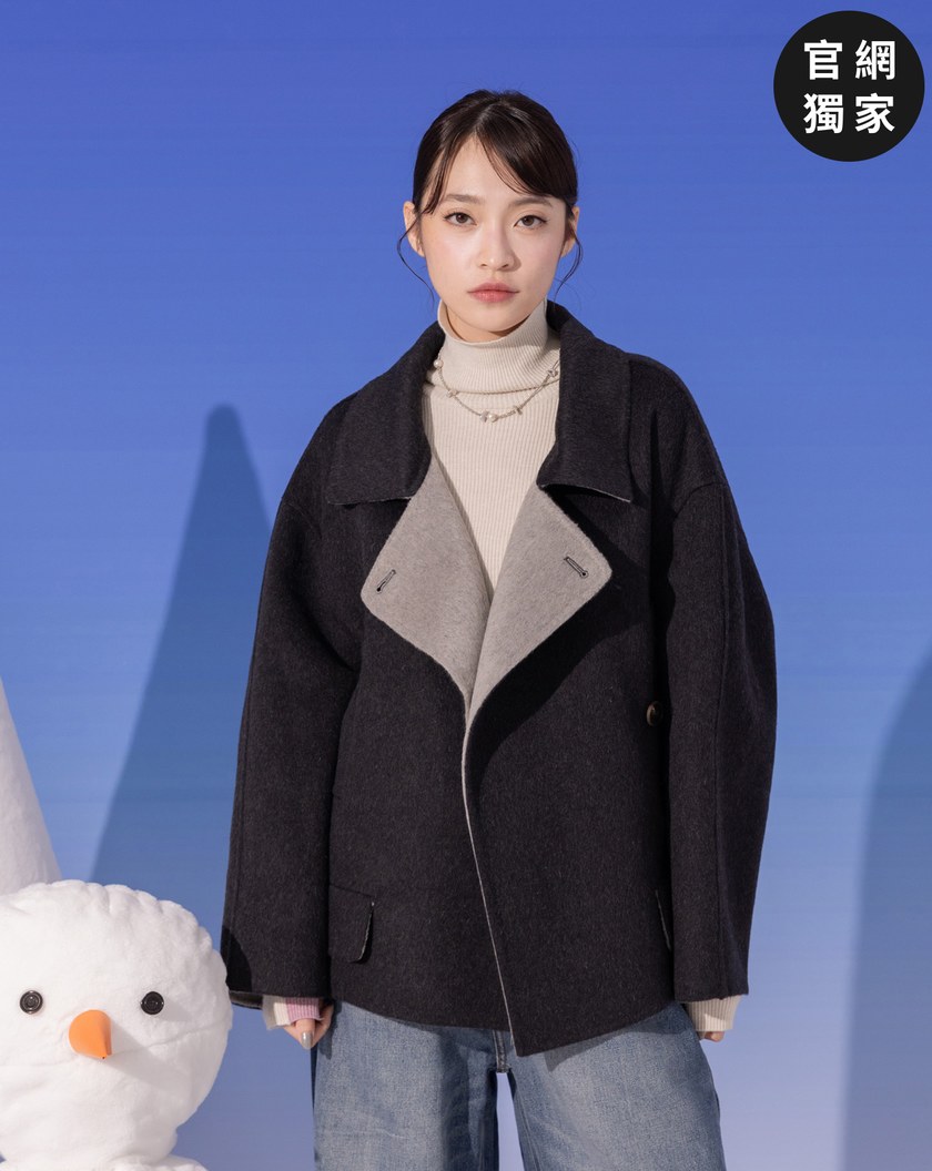 ➤羊毛雙色大翻領連帽外套(兩色)