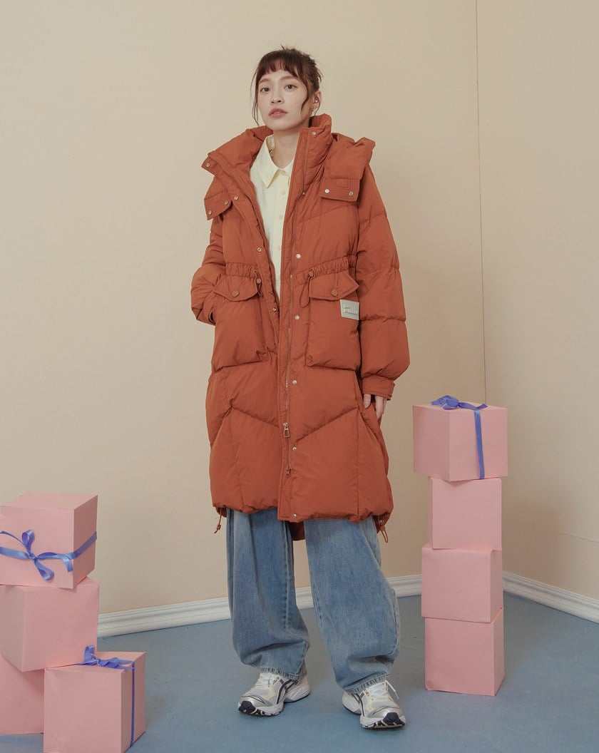 ➤抽繩造型連帽長版羽絨外套(兩色)