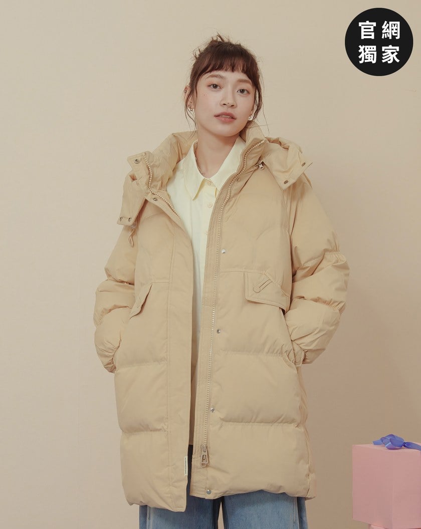 ➤造型口袋立領連帽長版羽絨外套(兩色)