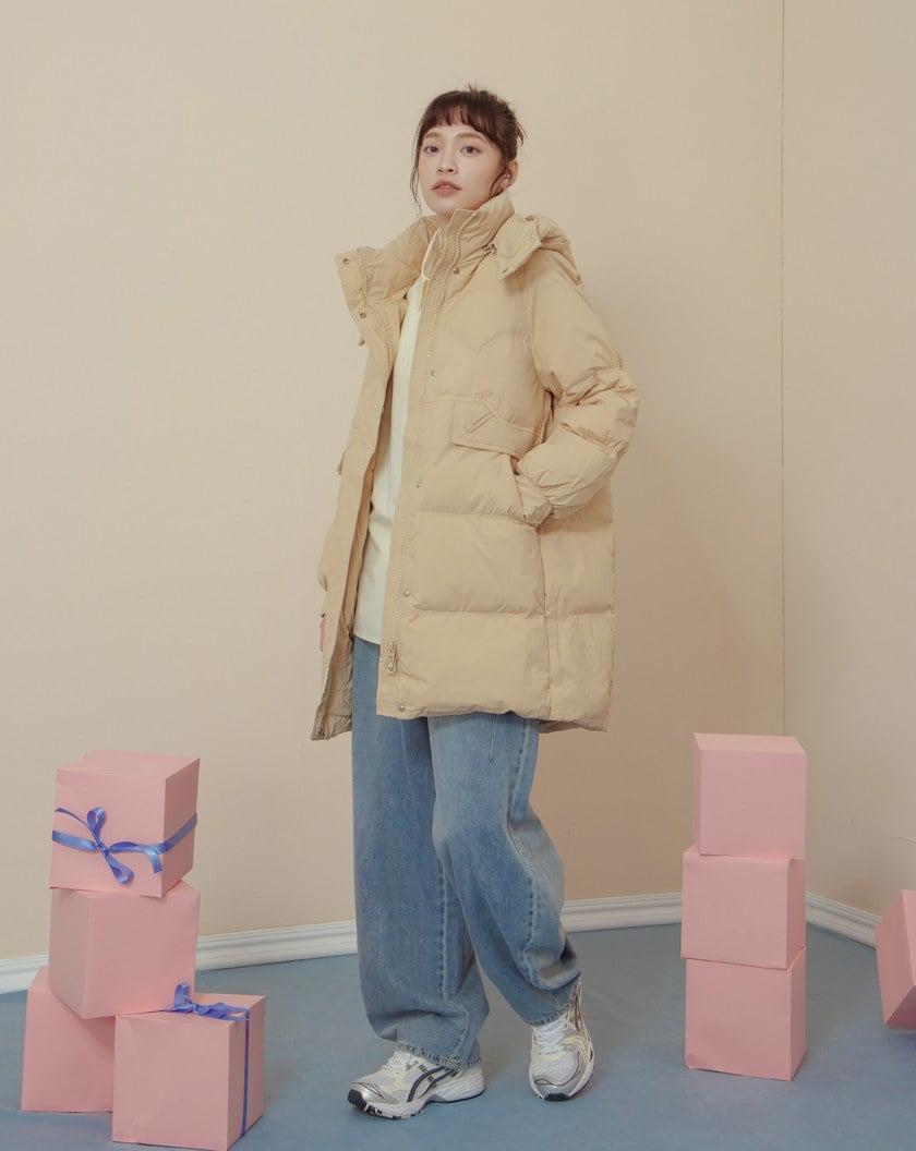 ➤造型口袋立領連帽長版羽絨外套(兩色)