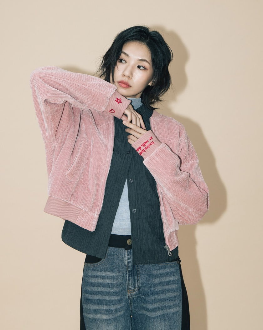 A|復古條絨袖口繡花棒球外套(兩色)