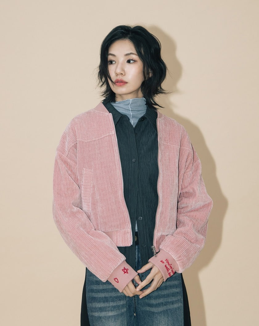 A|復古條絨袖口繡花棒球外套(兩色)