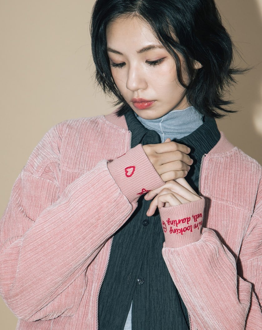 A|復古條絨袖口繡花棒球外套(兩色)