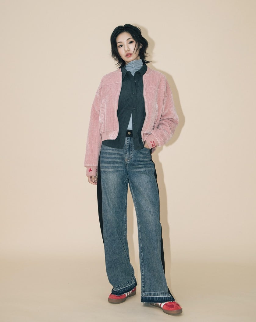 A|復古條絨袖口繡花棒球外套(兩色)