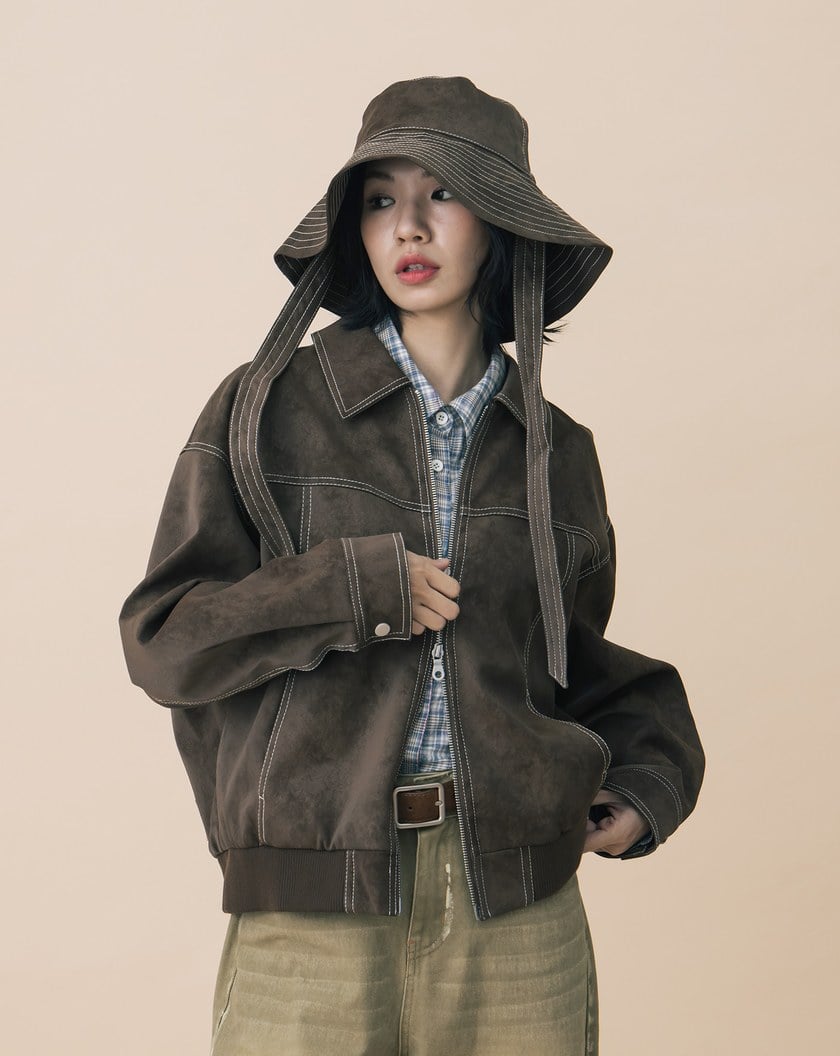 A|復古仿麂皮壓線廓型雙向拉鍊外套(兩色)