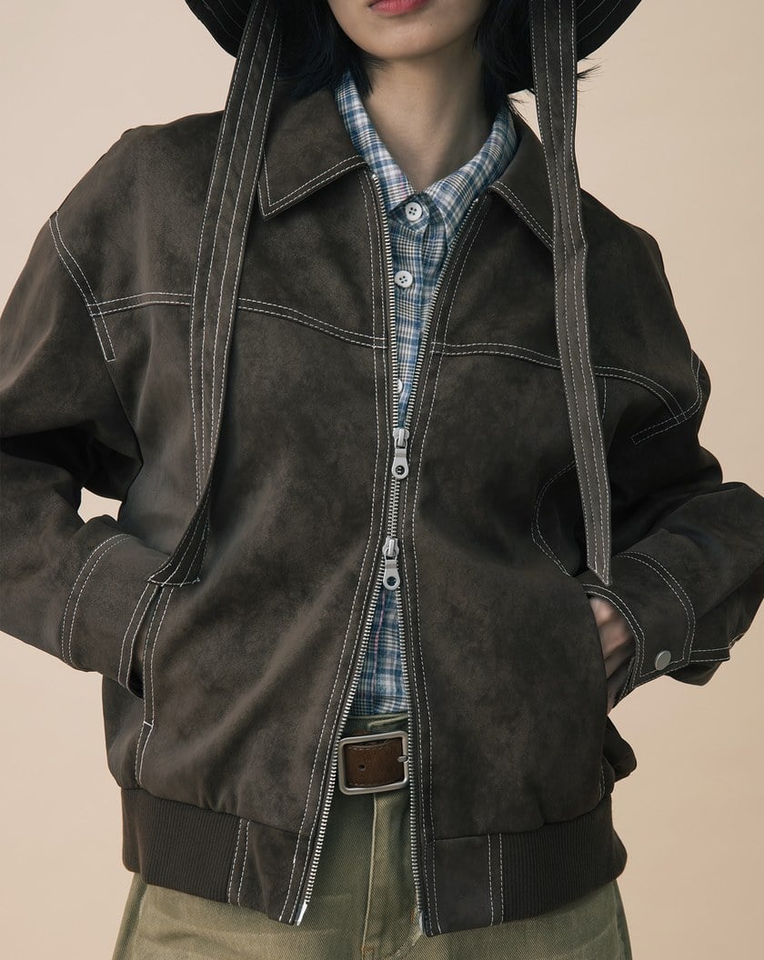 A|復古仿麂皮壓線廓型雙向拉鍊外套(兩色)