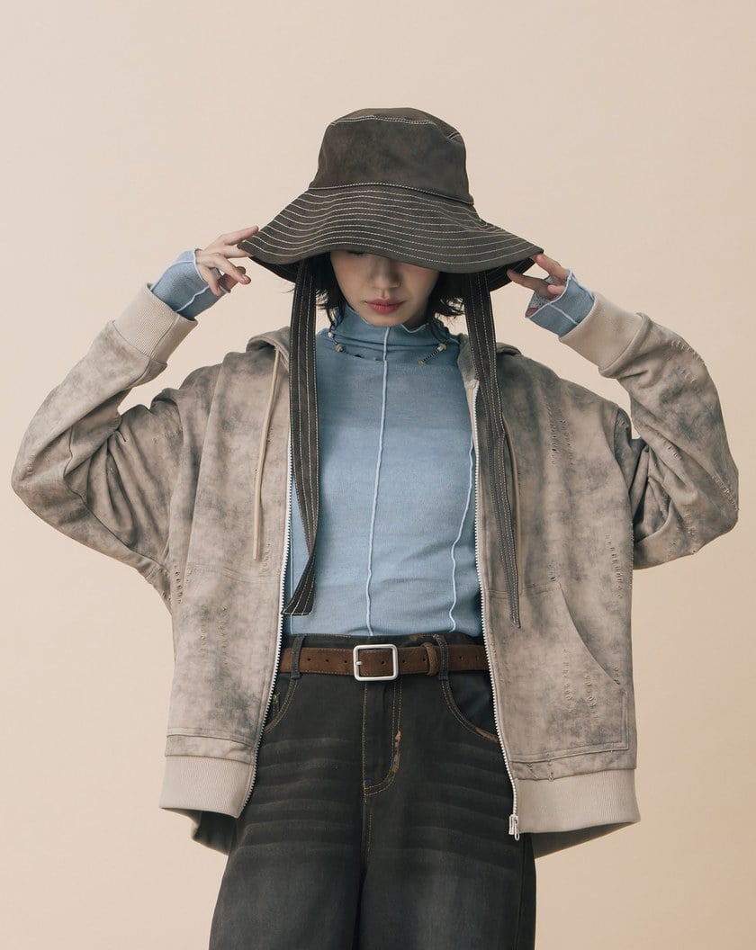 A｜仿麂皮配色壓線寬綁帶漁夫帽(兩色)