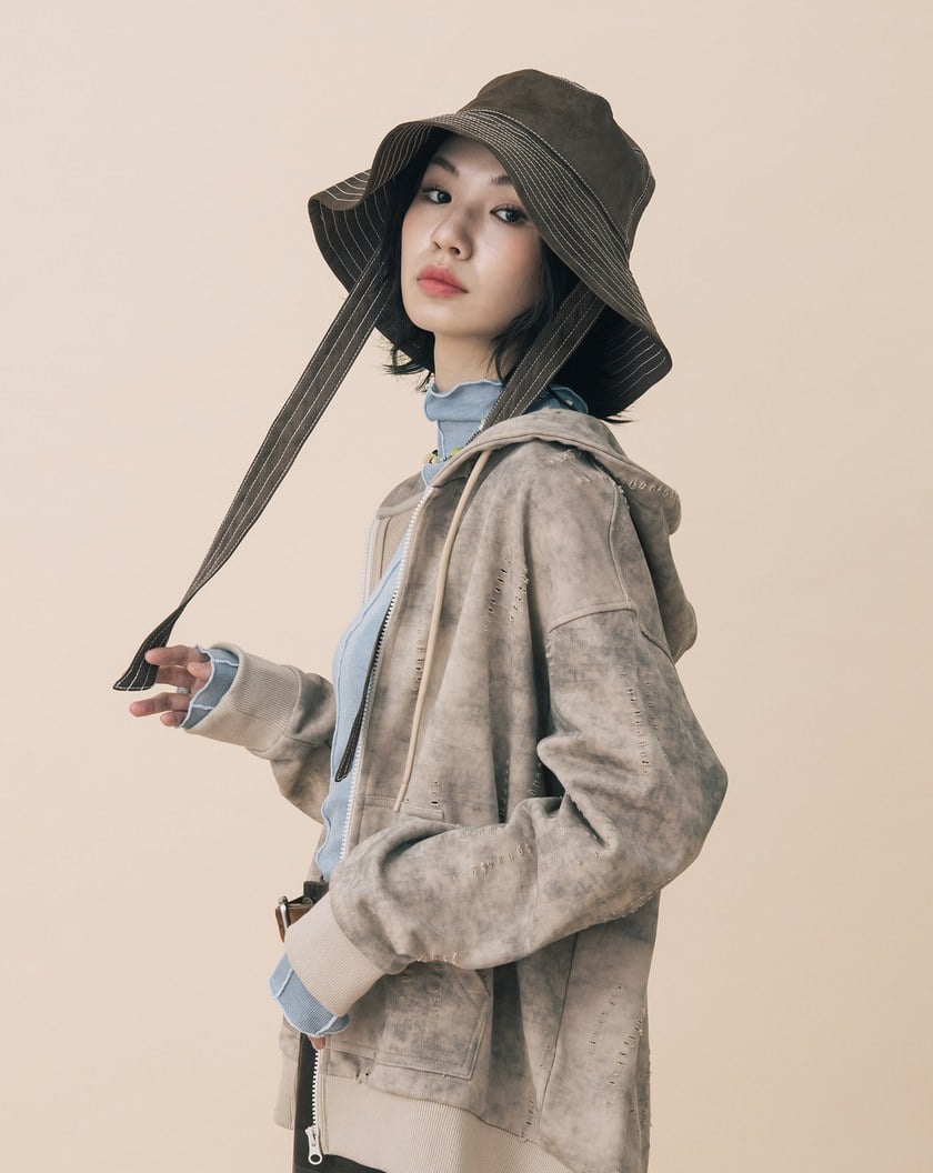 A|仿麂皮配色壓線寬綁帶漁夫帽(兩色)