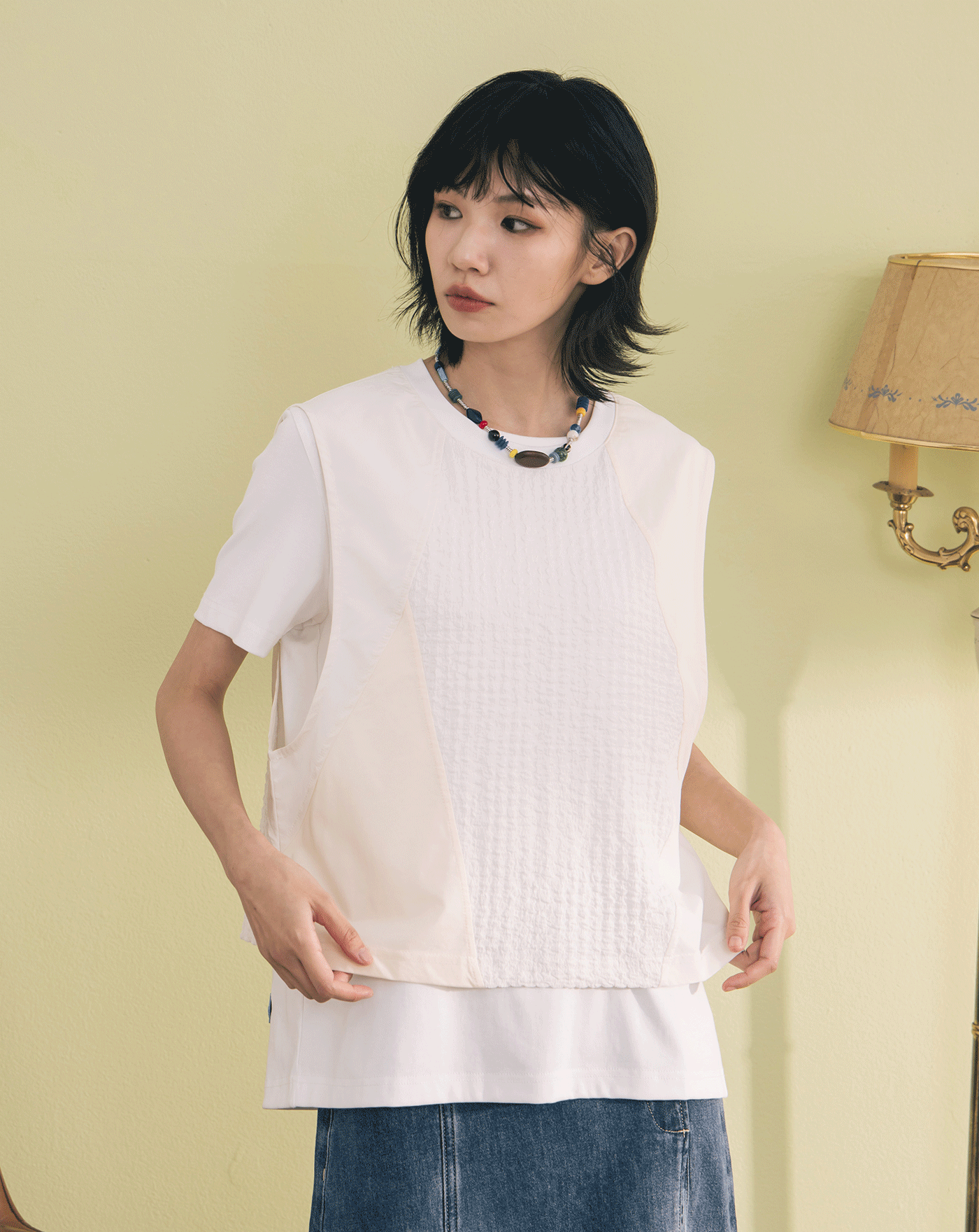 異材質拼接背心兩件式T恤(兩色)