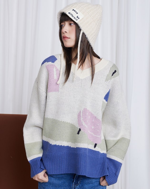 居家女孩與貓緹花毛衣(兩色)