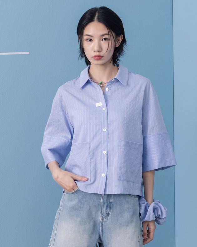 涼感天絲抗皺短袖襯衫附髮圈