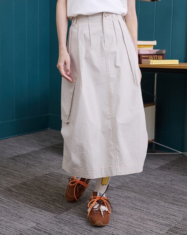 彈性抗皺打褶A字工裝裙(兩色)