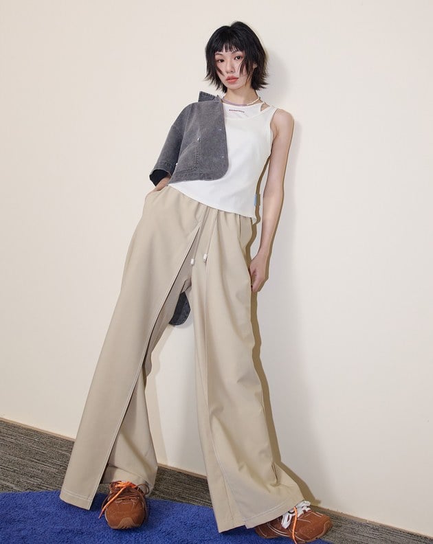 A｜好比例配色壓線裙片造型寬褲(兩色)