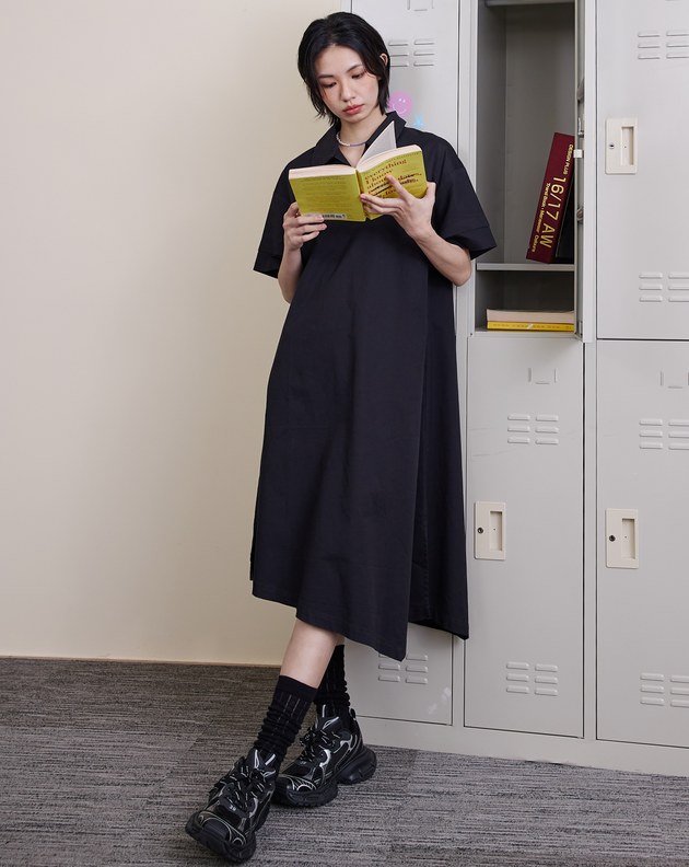 不對稱下擺polo領短袖洋裝(兩色)