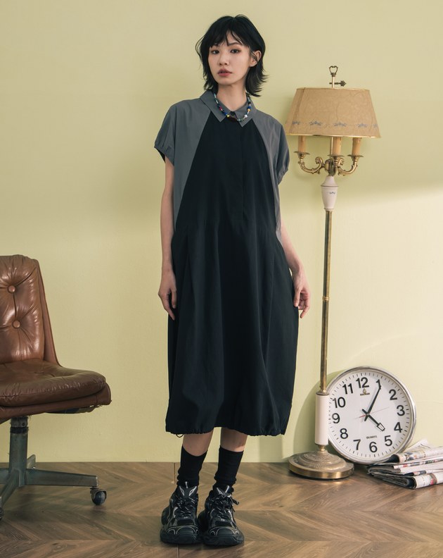 異材質拼接下擺抽繩短袖洋裝(兩色)