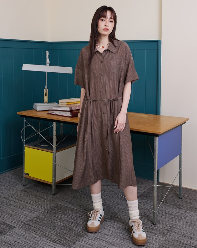 輕薄線條織紋綁帶開襟襯衫洋裝(兩色)