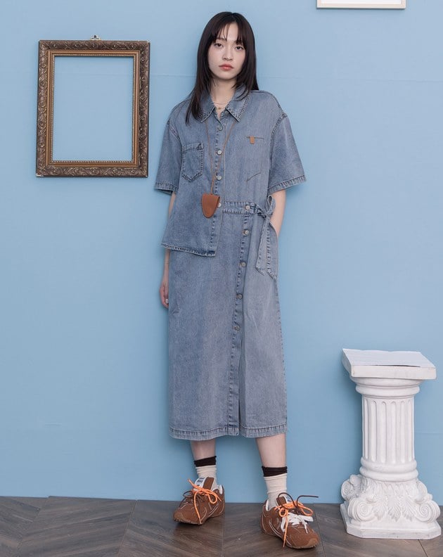 涼感天絲不對稱開襟短袖牛仔洋裝