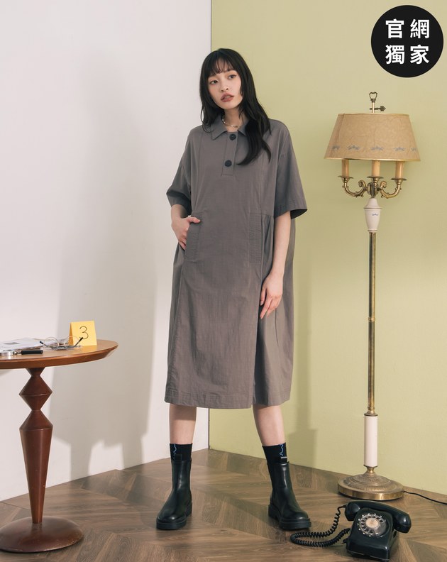 ➤顯瘦抓褶半開襟短袖洋裝(兩色)