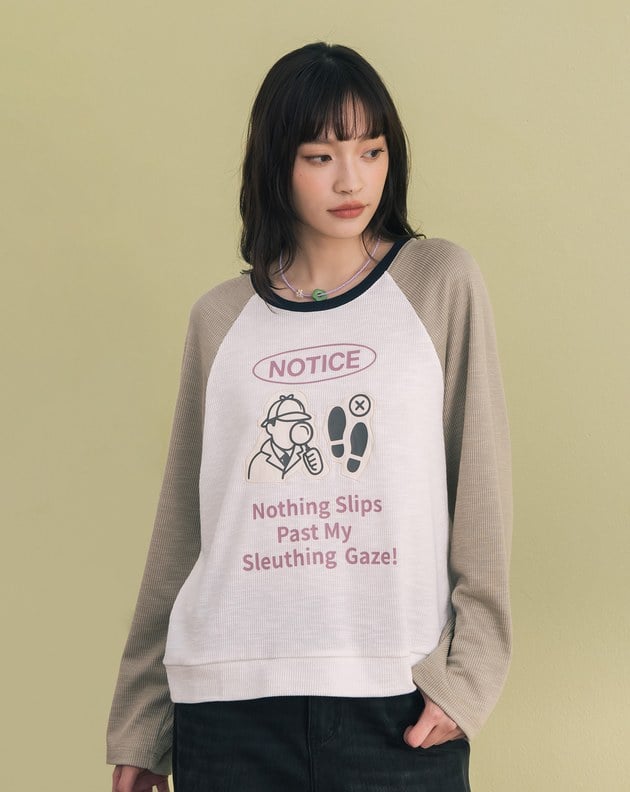 偵探圖騰印花配色拼接長袖T恤(兩色)