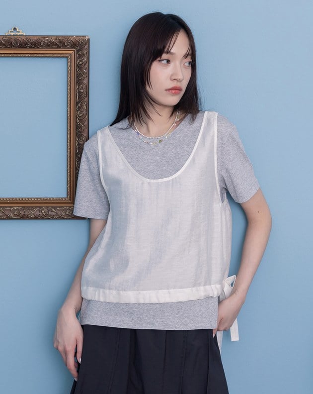 涼感天絲下擺抽繩背心兩件式T恤(兩色)