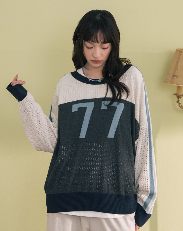 數字撞色拼接針織長袖上衣(兩色)